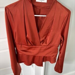 Commense Rust Red Satin V-Neck Blouse